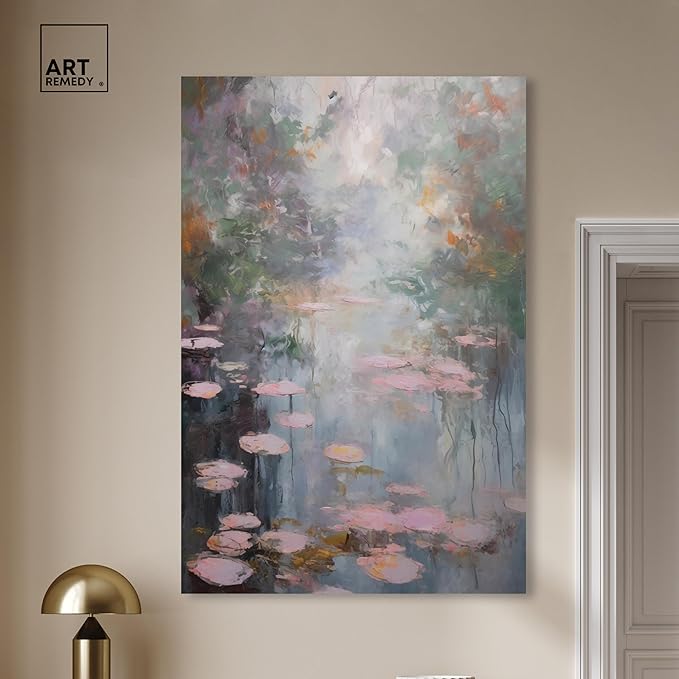 Art Remedy Pink Impressionisty Lilypads Gallery Wrapped Impressionism 1 Piece Canvas Wall Art/Monet And Van Gogh Inspired Art, 36" x 54", Gallery Wrapped
