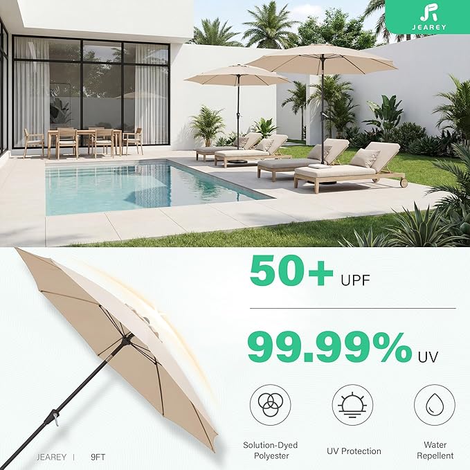 JEAREY 9FT Outdoor Patio Umbrella,Market Table Umbrella with 8 Fiberglass Ribs, Pool Umbrella with Tilt and Crank, UV Protection Lightweight & Wind-Resistant for Lawn, Garden, Deck and Backyard, Beige