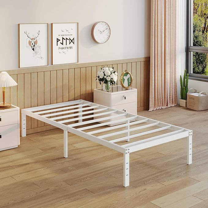 14 Inch Twin Bed Frames No Box Spring Needed, Heavy Duty Metal Twin Platform Bed Frame with Large Underbed Storage Space, Noise Free, Easy Assembly, White