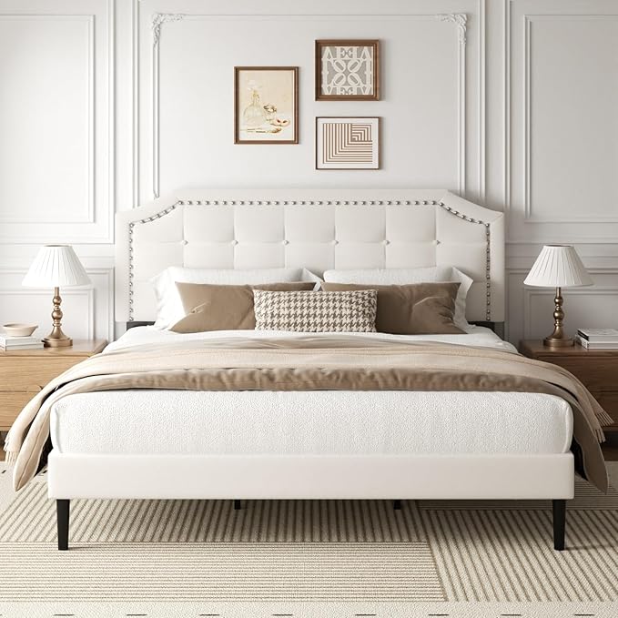 King Size Bed Frame, King Size Platform Bed Frame with Upholstered Button Tufted Headboard, Strong Wood Slats, No Box Spring Needed, Mattress Foundation, Easy Assembly Beige