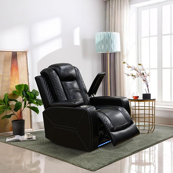 Power Recliner Sofa Set with LED, Breathing Leather Living Room Set 3 Piece, Reclining Couch and Two Chair with USB Port&Storage Console (Black Upgared)