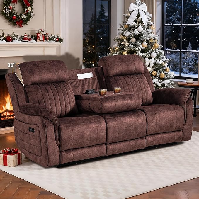 Zero Gravity Power Recliner Sofa Couch – Electric Reclining Sofa with Drop Down Table & Wireless Charging, 3 Seater Dual Reclining Couch with Adjustable Headrests for Living Room (Velvet, Brown)