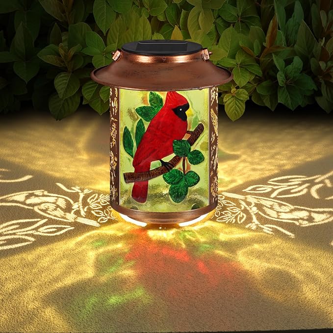 Cardinal Solar Lanterns Outdoor Waterproof,Birthday Gifts for Women Mom Grandma Garden Decor,Hanging Solar Lights Wall Mount Decorations for Yard,Front Porch,Patio,Lawn Pathway Landscape