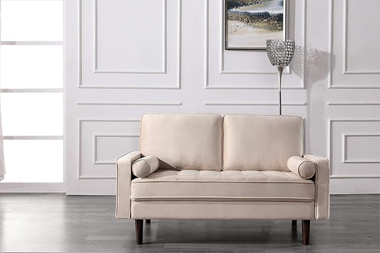 Container Furniture Direct Womble 58 Inch Velvet Loveseat Sofa with Elegant Button Tufted Upholstery, Square Arms, Splayed Wood Legs, Includes Matching Bolster Pillows, Khaki