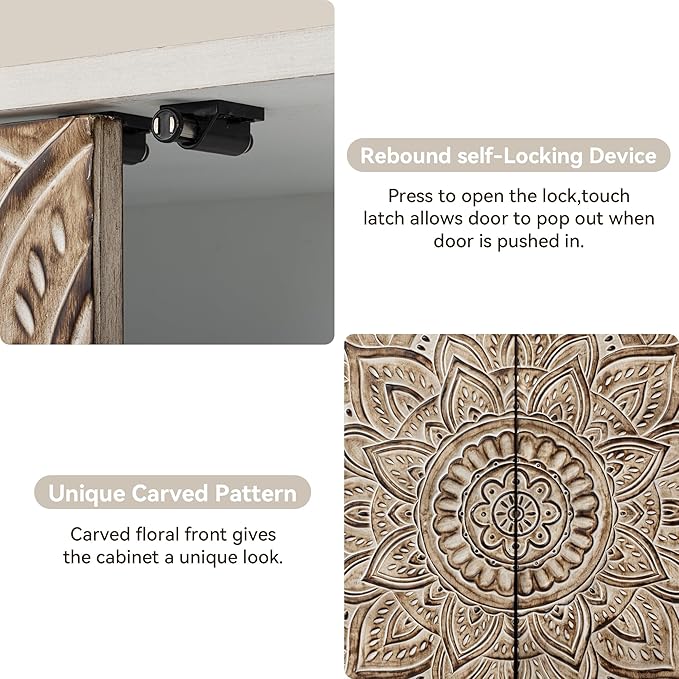COSIEST 32" W Sideboard Buffet Cabinet with Storage, Accent Cabinet with 2 Push-to-Open Magnetic Doors, Vintage MDF Buffet Table for Living Room, Kitchen, Hallway (Gray,Lotus Pattern) | with Storage, Accent Cabinet, Vintage, Buffet Table, Lotus Pattern