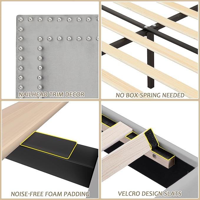 VECELO Full Size Bed Frame with Adjustable Upholstered Headboard, Wooden Slats Platform, Noise-Free Design, Easy Assembly