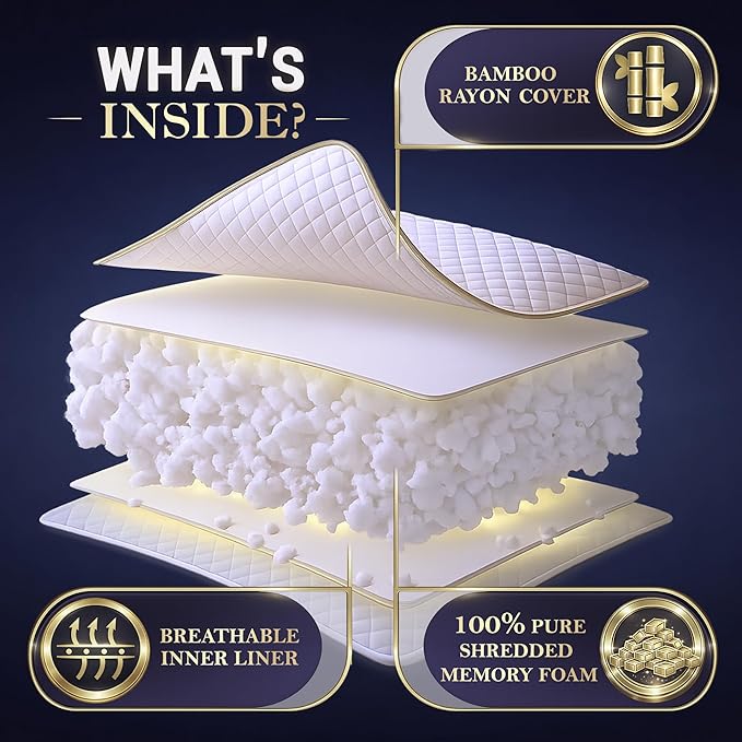 Royal Therapy 4-Pack Queen Memory Foam Pillow, Adjustable Shredded Bed Pillow for Neck & Shoulder Pain Relief, Breathable Support for Back, Stomach, Side Sleepers