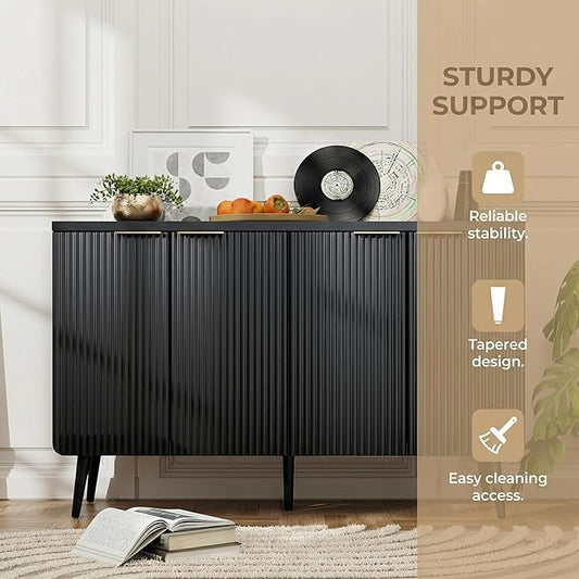 FONTOI 47.2" Wood Fluted Buffet Cabinet with 4 Doors & Storage - Multifunctional Kitchen Sideboard Credenza for Living Room & Entryway, Black