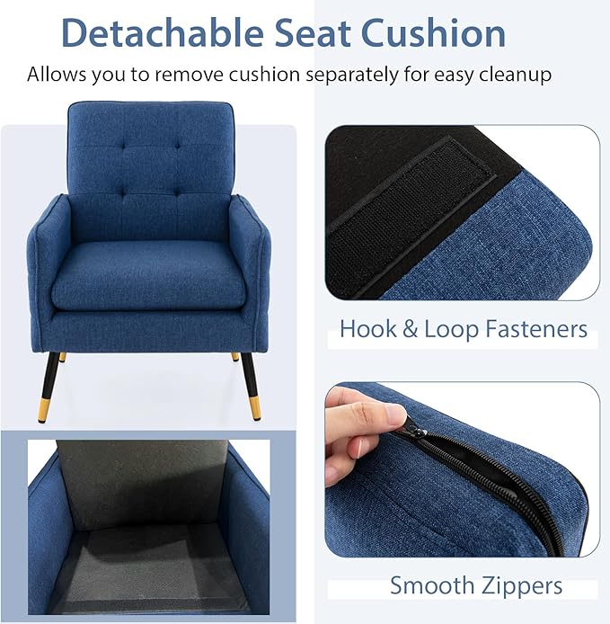Giantex Modern Mid-Century Accent Chair - Upholstered Armchair with Tufted Back, Metal Legs, Adjustable Foot Pads, Linen Fabric Single Sofa Chair for Reading, Living Room Chair for Bedroom, Blue