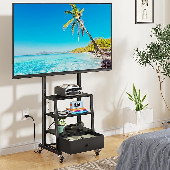 Rolling TV Stand with Wheels and Mount & Fabric Drawer - Entertainment Center with Power Outlet and Small TV Stand for Bedroom, Living Room - 15" Black
