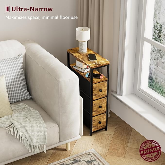 Narrow Night Stand Set 2 - Nightstand with 3 Drawers Skinny Bedsides Tables for Small Space Dresser for Bedroom Living Room Slim Side Table, Farmhouse Brown