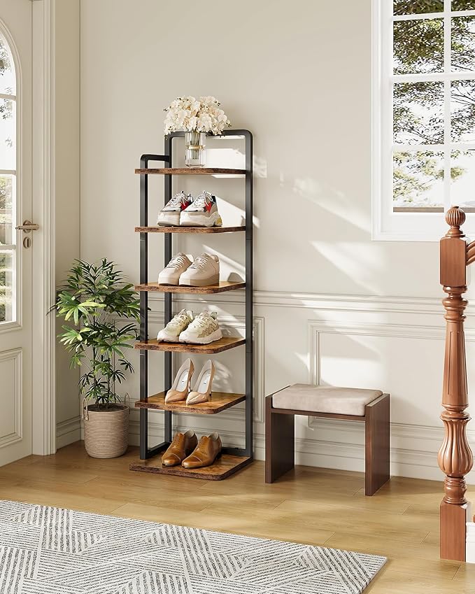 6-Tier Vertical Shoe Rack, Narrow Shoe Tower, Corner Shoe Storage Organizer, Shoe Shelf, for Small Spaces, Industrial Style, for Entryway, Hallway, Living Room, Rustic Brown and Black TXJ06BF