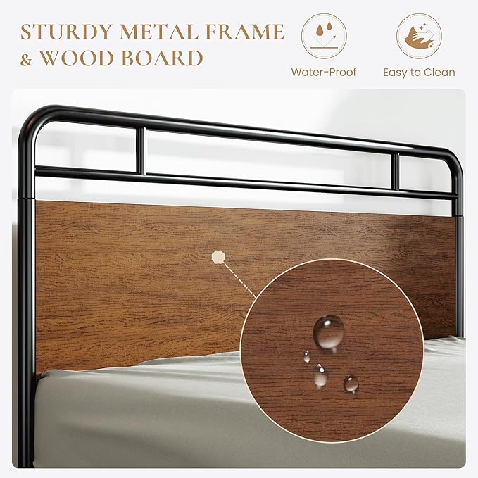 SHA CERLIN Full Size Bed Frame with Wooden Headboard and Footboard, Rounded Corner Metal Structure, Heavy Duty Slats with Under-Bed Storage, No Box Spring Needed, Walnut