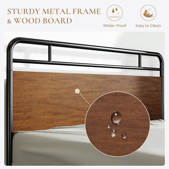 SHA CERLIN Queen Size Bed Frame with Wooden Headboard and Footboard, Rounded Corner Metal Structure, Heavy Duty Slats with Under-Bed Storage, No Box Spring Needed, Walnut