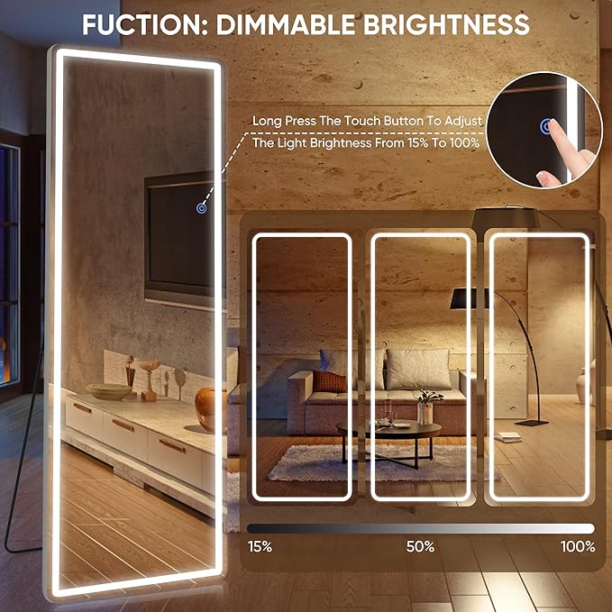 Antok LED Full Length Mirror with Light, 71"x32" Lighted Full Body Mirror with Stand, Dimmable & 3 Color Lighting Standing/Leaning/Wall Mounted Vanity Mirror for Bedroom Cloakroom Livingroom(Rect)