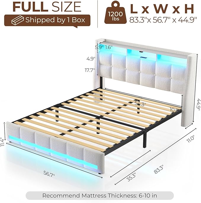 Rolanstar Full Size Bed Frame with LED Lights and Charging Station, Upholstered Headboard with 2-Tier Storage Shelves, Heavy Duty Metal Frame, Noise-Free Support, Easy Assembly, No Box Spring Needed