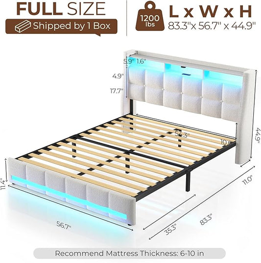 Rolanstar Full Size Bed Frame with LED Lights and Charging Station, Upholstered Headboard with 2-Tier Storage Shelves, Heavy Duty Metal Frame, Noise-Free Support, Easy Assembly, No Box Spring Needed