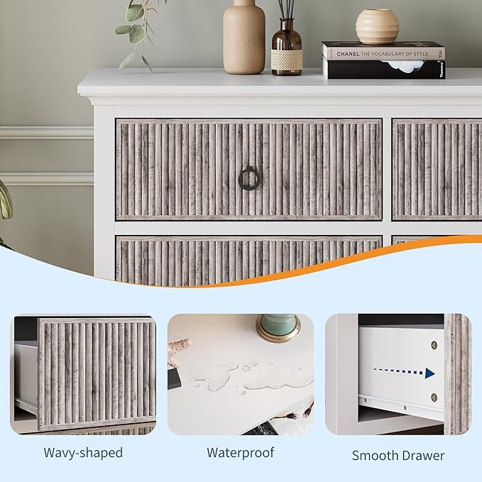 GarveeHome 6 Drawer Dresser for Bedroom, Waveform Fluted Chest with Large Drawer, Wooden Chest of Storage Cabinet, Fluted Dressers for Bedroom Living Room Hallway Closet, Anti-Tipping