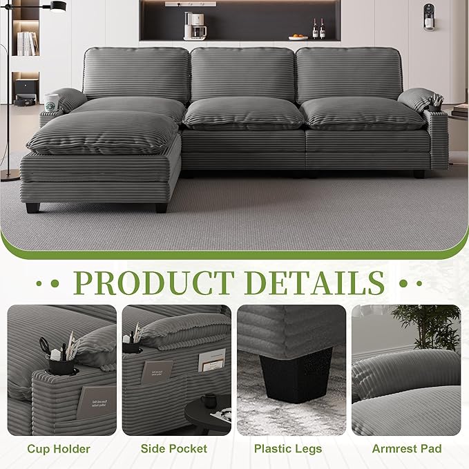 113" Convertible L Shaped Modular Sectional Sofa with Ottoman, Deep Seat Cloud Corner Couch with Layered Cushion, Corduroy Upholstered Sofa Couches w/Cupholders and Side Pockets | Wood Frame, Solid Legs