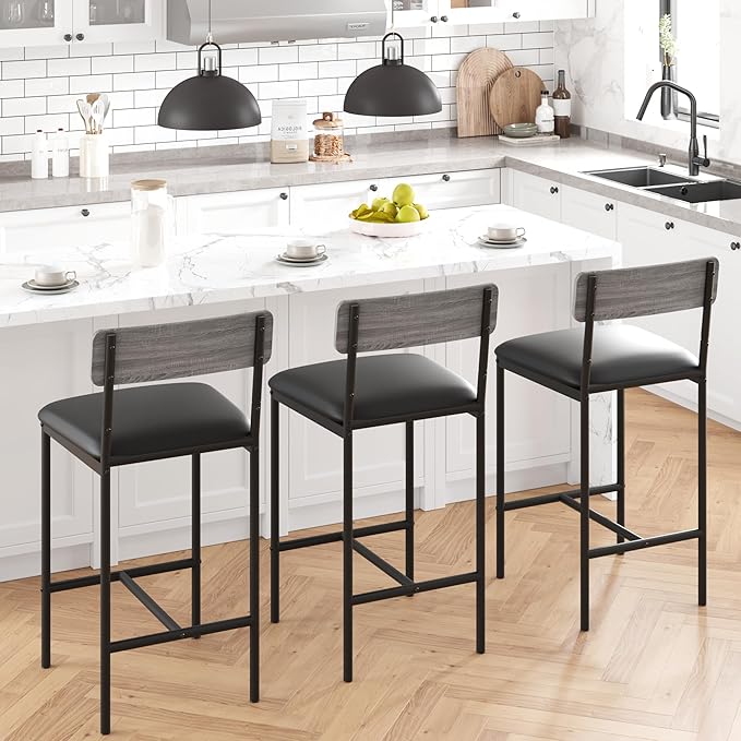 Amyove Bar Stools Set of 2, Upholstered Bar Chairs with Back, 25.5 Inches Kitchen Bar Stools with Footrest, Thick Cushion, Counter Height Barstools for Island, Counter Bar, Easy Assembly, Rustic Grey