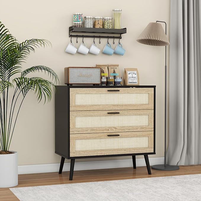 Panana 3/6/8 Drawers Dresser, Wooden Rattan Chest of Drawers with Rattan Front Spacious Storage Chest Bedside Table Nightstand Cabinet for Living Room, Closet, Hallway, Bedroom