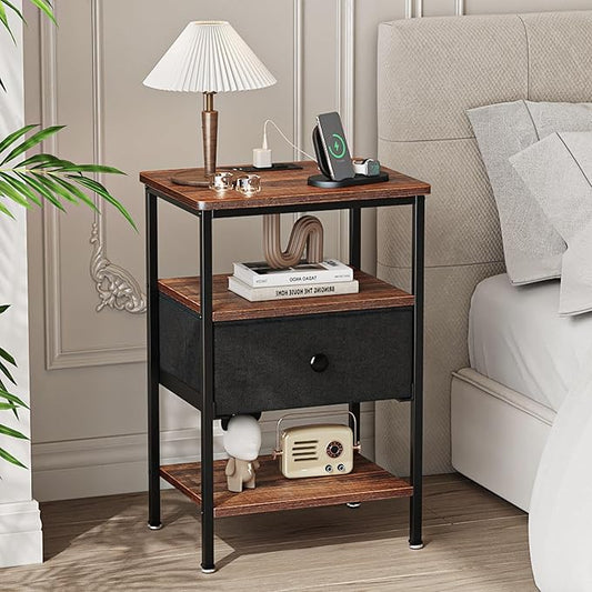 VECELO Night Stand with Charging Station, End Tables with Open Storage Shelf, Bed Side Tables with Fabric Drawers for Bedroom,Living Room,Rustic Brown