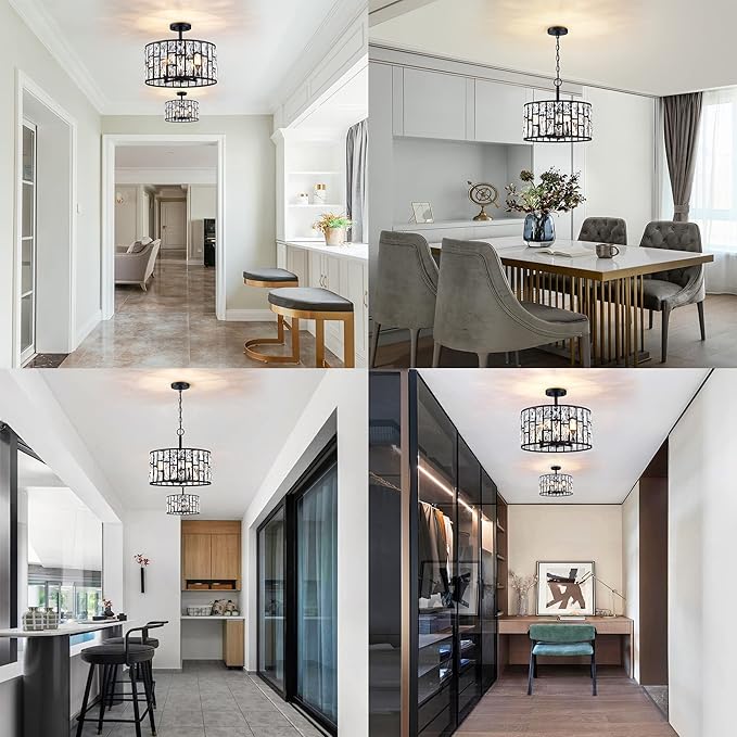 MEXO Farmhouse Crystal Convertible Chandelier and Semi Flush Mount Lighting Black Cylinder Drum Shade Pendant for Kitchen Island Dining Room Bedroom Hallway