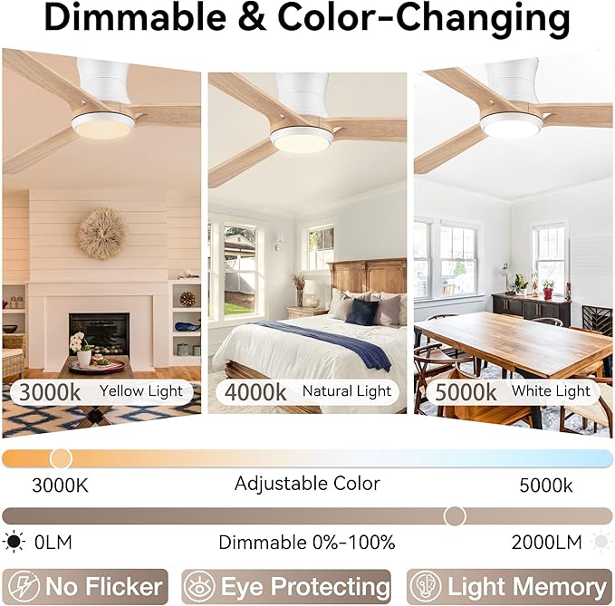 52in Smart Ceiling Fans with Lights,Low Profile Modern Wood Ceiling Fans,Remote/APP/Alexa Control,Outdoor Indoor Flush Mount Ceiling fan,for Bedroom Living room Patio,3 Blade,Light Wood,6 Speeds,Quiet