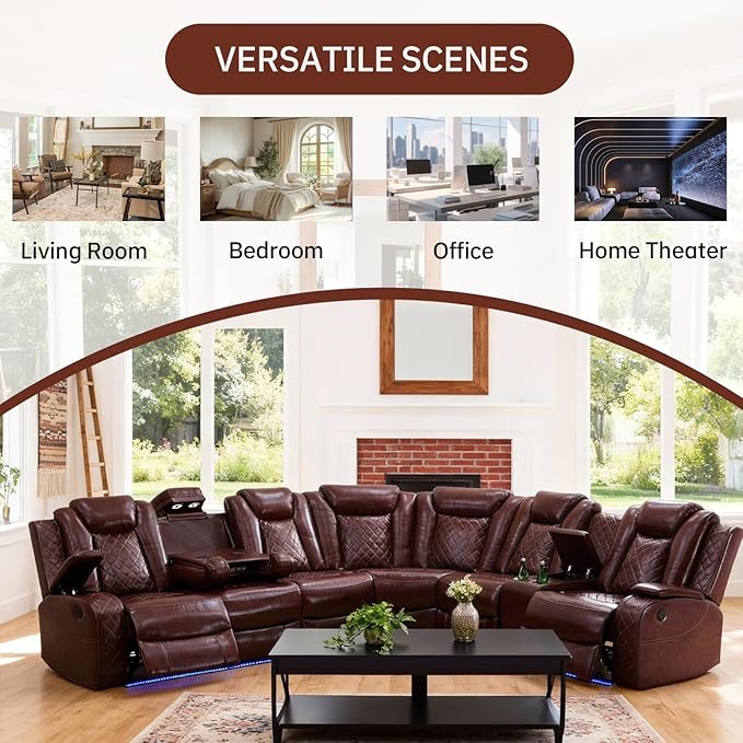Power Reclining Sectional Sofa with Air Leather Upholstery, Electric Adjustable Recliner Couch, Quiet Motor Support, Home Theater Seating with Wireless Power, Cup Holders, Storage for Living Room