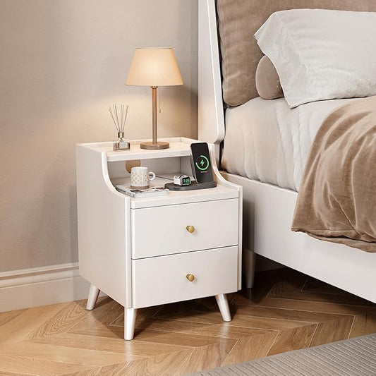 Narrow Nightstand with Drawers, 15.7" Slim Solid Wood Bedside Table with Open Shelf & Cable Hole, Modern Storage Side Table for Bedroom, Living Room, White