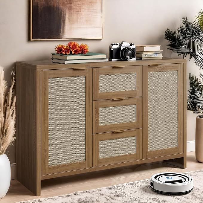 Modern Rattan Buffet Cabinet Sideboard with Storage,47" Boho Credenza Buffet Console Table with Drawers&Doors,Wooden Coffee Bar Cabinet for Entryway/Living Room/Farmhouse(Natural Oak,1pc)