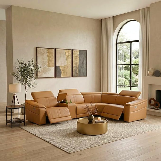 Breathing Leather Recliner Sectional Sofa, Reclining Sectional Couch with Adjustable Headrest&Storage Console, L Shaped Couch with Dual Recliner for Living Room (Light Brown)