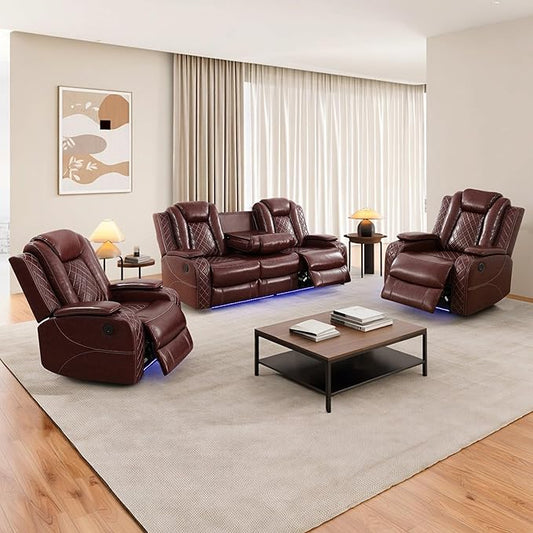 Power Recliner Sofa Set, Breathing Leather Reclining Couch Set, Leather Couch and 2 Recliner Chairs Set with LED Lights/Charging Ports/Storage for Home/Office (Auburn, Sofa+2 Chairs)