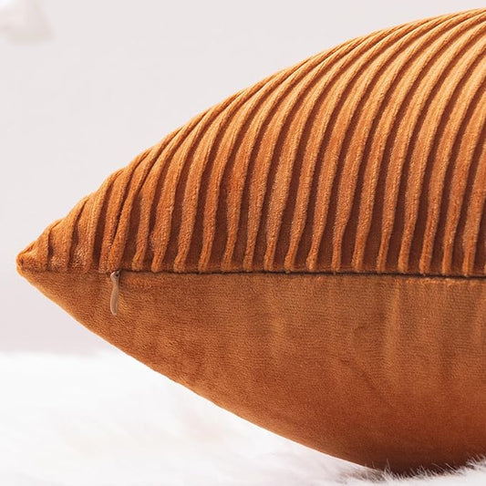 YCOLL Burnt Orange Pillow Covers 24x24 Set of 2 Velvet Striped Pattern - Soft Throw Pillows for Home Decor, Luxury Decorative Pillow Covers for Couch, Bed,Living Room