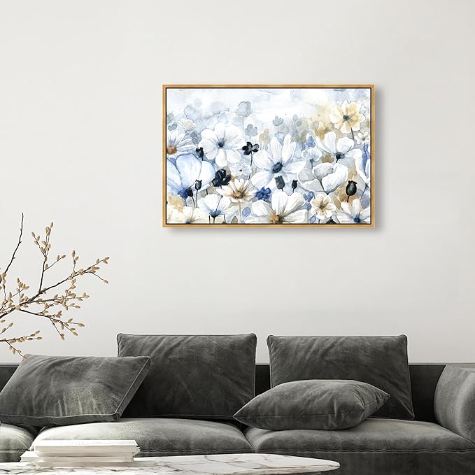 The Oliver Gal Artist Co. Floral and Botanical Wall Art Framed Canvas Prints 'Fields Flowers Home Décor, 36" x 24", Blue, White