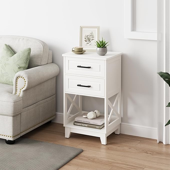 White Nightstand, Tall Side Table with 2 Drawers and Open Shelf, Bedside Table with Solid Feet, Modern Night Stand End Table for Bedroom, Home Office, White