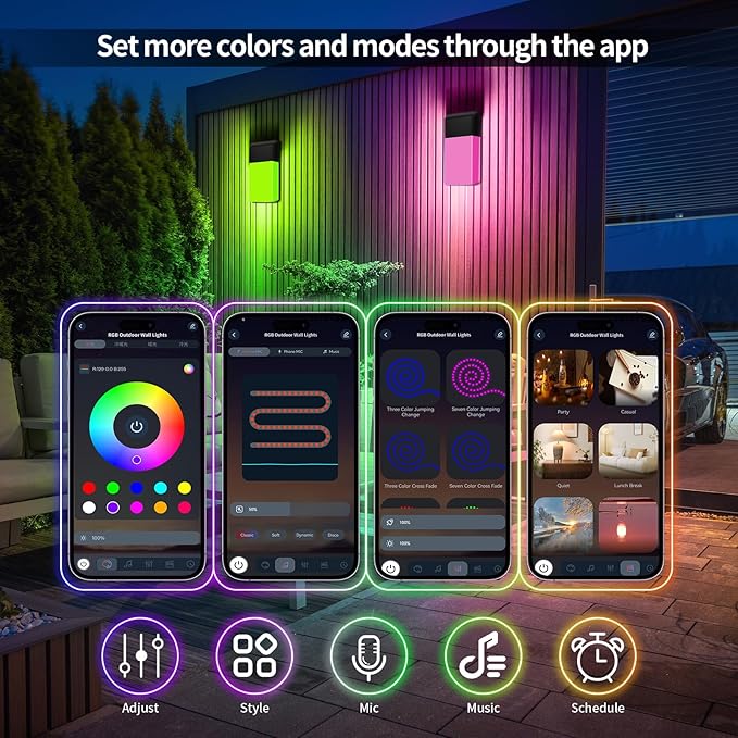 Outdoor Wall Lights RGB, 1500LM Smart Exterior Porch Sconces Wall Mounted Lighting, IP65 Waterproof, DIY Lighting for Garden, Garage and Patio - Ideal for Festivals The Christmas and Parties, 2 Pack