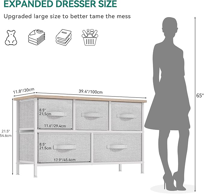 YITAHOME Dresser with 5 Drawers - Fabric Storage Tower, Organizer Unit for Bedroom, Living Room, Closets - Sturdy Steel Frame, Wooden Top