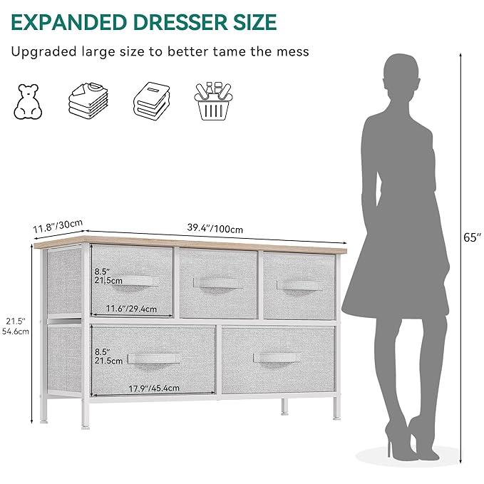 YITAHOME Dresser with 5 Drawers - Fabric Storage Tower, Organizer Unit for Bedroom, Living Room, Closets - Sturdy Steel Frame, Wooden Top