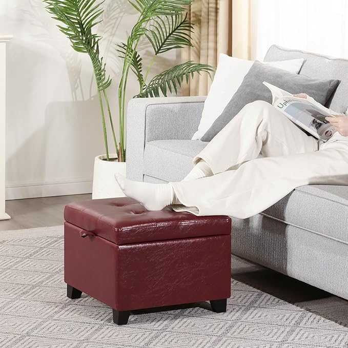 Adeco Faux Leather Storage Ottoman, 17.5" Square Cube Footstool for Living Room & Bedroom, Tufted Vanity Stool with Hinged Lid and Solid Wood Legs, Red