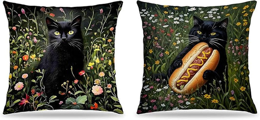William Morris Inspired Black Cat Floral Pillow Covers 18x18 Set of 2,Cat Lover Gifts and Decor, Cottagecore Floral Black Kitten Kitty Decorative Throw Pillow Covers for Home Bedroom Living Room