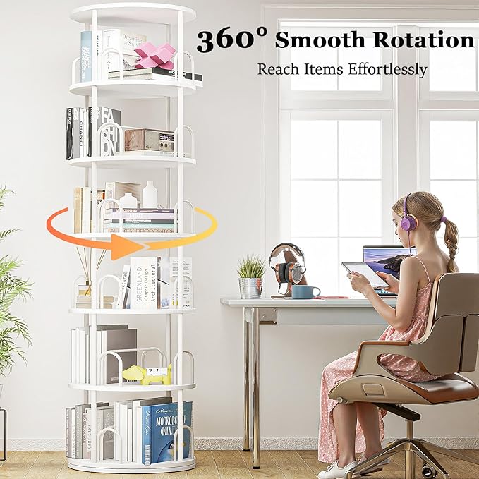 6 Tier Rotating Bookshelf, 360 ° Display Stackable Spinning Bookshelf Tower, Narrow Space Saving Tall Floor Standing Swivel Bookcase Corner Storage Organizer for Bedroom, Living Room