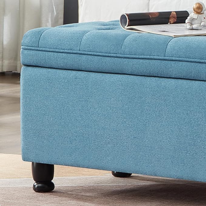 Upholstered Ottoman with Storage,Entryway Bench with Tufted Buttons and Spindle Wooden Legs for Living Room,Bedroom,Light Blue