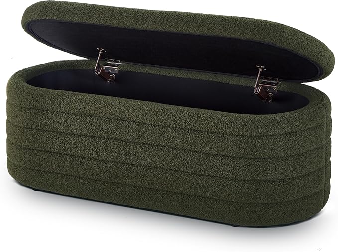 Ball & Cast Storage Bench, Upholstered Oval Ottoman, End of Bed Stool with Safety Hinge for Bedroom, Living Room, Entryway, Teddy Fabric, Dark Green