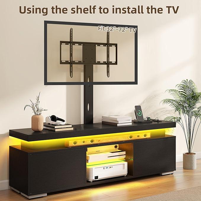 DWVO TV Stands for Living Room, Modern TV Stand for 70/65 inch TV with Mount & Power Outlet, LED Black Entertainment Center with Storage, Gaming Media Stand, Black