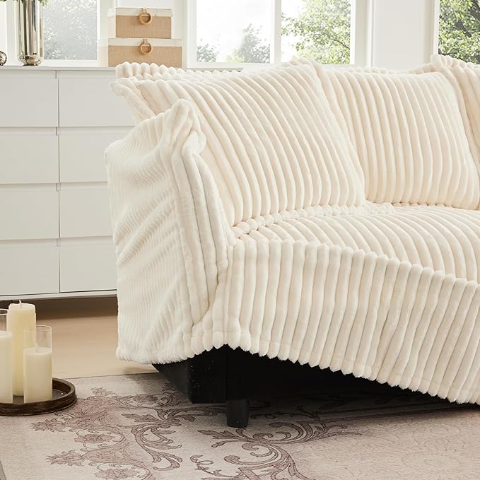 KEIKI 83" Corduroy Sectional Sofa, White Comfy Sleeper Cloud Couch Set with 2 Pillows, Modern Deep Soft Cushion Seat Sofa, Cozy Upholstered Loveseat for Apartment & Living Room, Cream