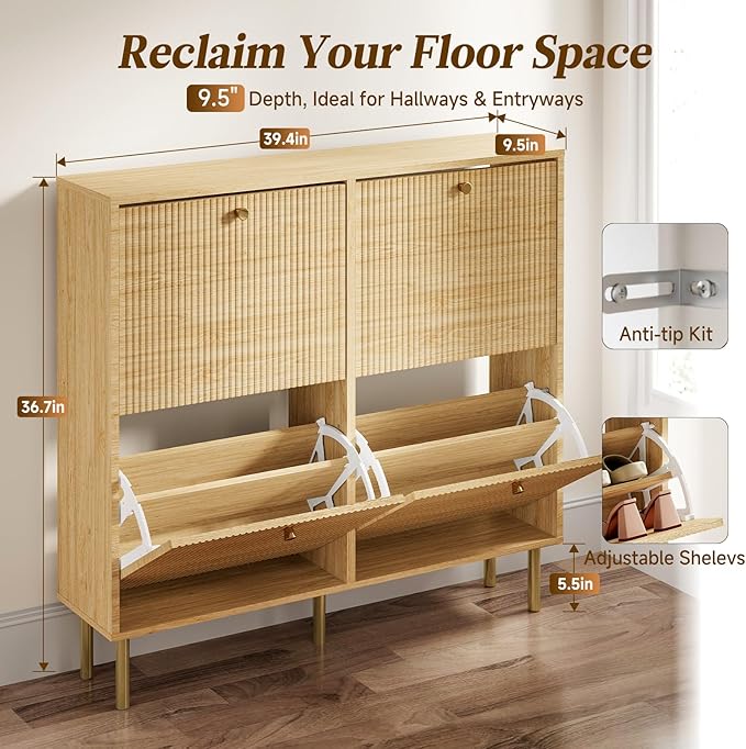 Nicetree Shoe Cabinet Storage for Entryway, Narrow Shoe Rack with Tiered Fluted Design, 4 Flip Drawers & 3-Tier Adjustable Shelves, Shoe Organizer with Gold Legs,Light Natural Oak