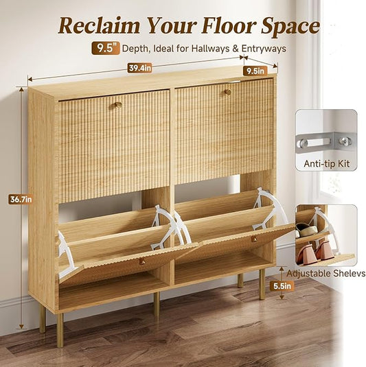 Nicetree Shoe Cabinet Storage for Entryway, Narrow Shoe Rack with Tiered Fluted Design, 4 Flip Drawers & 3-Tier Adjustable Shelves, Shoe Organizer with Gold Legs,Light Natural Oak