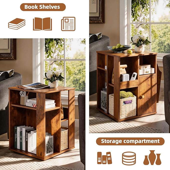 TooCust Rotating End Table with Storage, Square Rotating Side Table Living Room, Side Table with Magazine Holder, Basket and Cabinet, Swivel End Table with Multiple Storage (Rustic Brown)