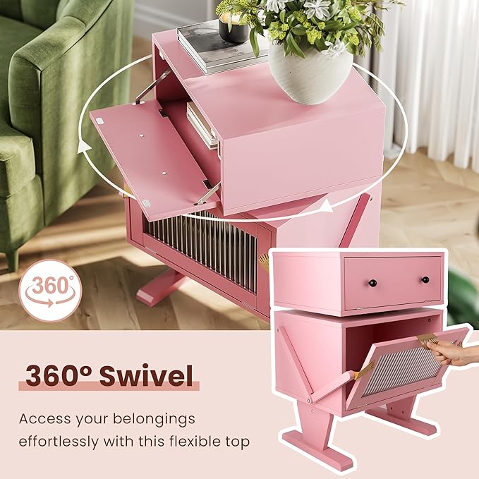 RoyalCraft Nightstands Set of 2 with LED Light Strips, Pink End Table with 360° Rotating Drawer, Modern Bedside Table with Glass Door Storage, Wood Night Stand Cabinet for Bedroom, Home Office, Pink